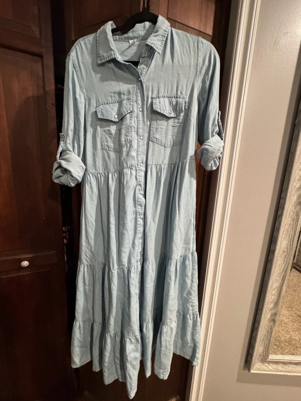 NWOT Light Blue Denim Button-Front Tiered Shirt Dress
